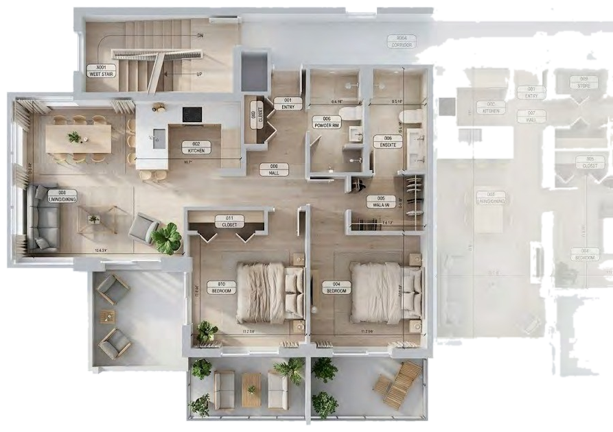 Indicative furnished layout of a two-bedroom end residence